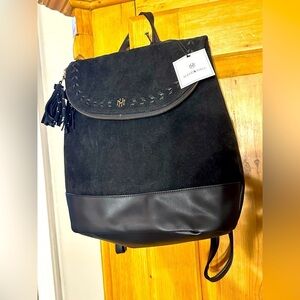 Mark & Hall Black Vegan Leather Zip Fold Over Top Backpack NWT